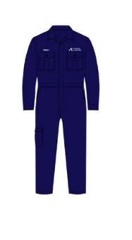 Navy blue coverall with branding on a white background