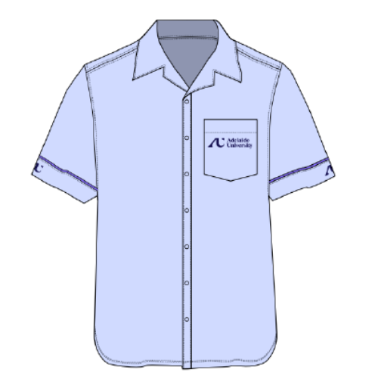 Light blue button up shirt with purple trim and a logo on a white background