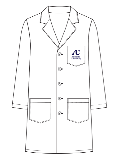 Line drawing of a lab coat with a logo on the chest pocket.