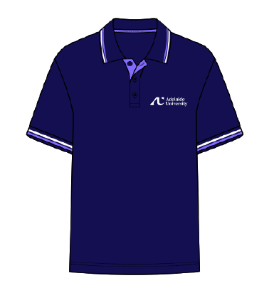Navy blue polo shirt with white logo and purple accents on a white background