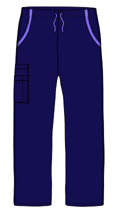 Navy blue scrub pants with purple accents on a white background