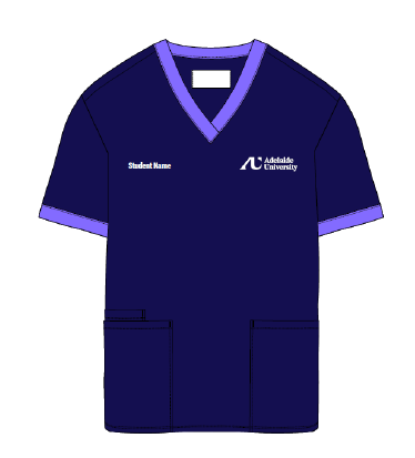 Navy blue scrub top with purple trim featuring Adelaide University logo on a white background